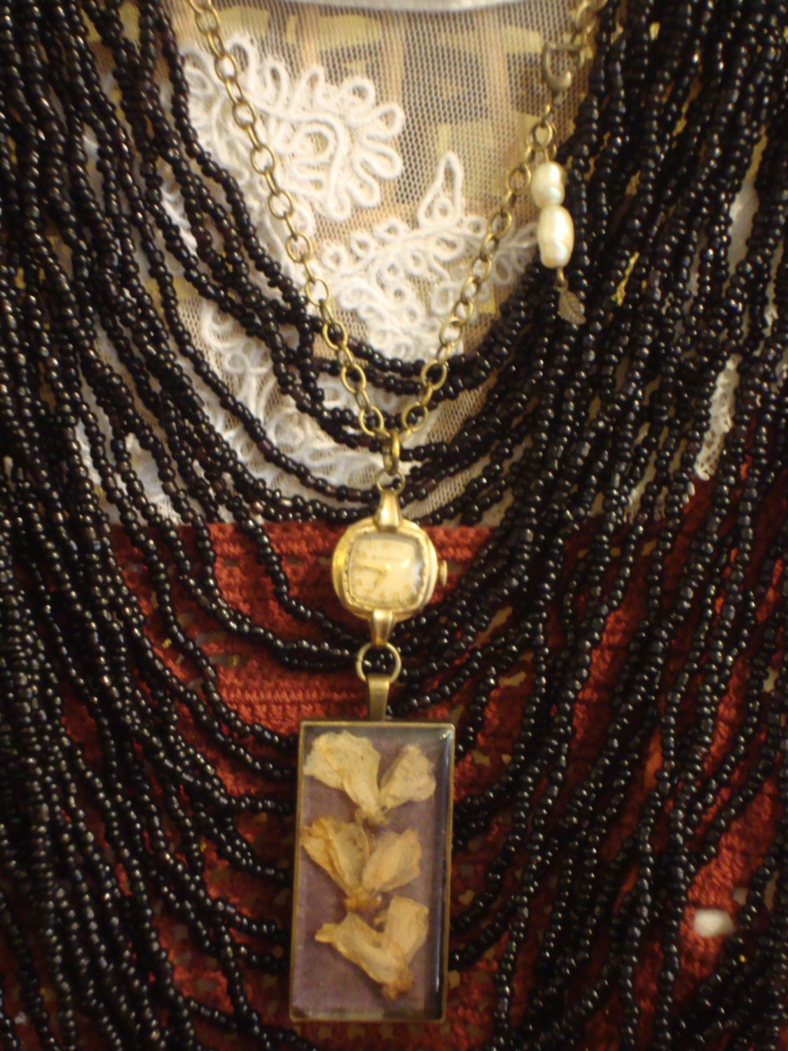 Botanical Resin Neckalce - OOAK Artisan Pendant Featuring Hand Pressed Wisteria Hanging from a Vintage Gold Watch "Marking the Ages"