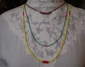 Long Beaded Necklace- Vintage Czech Glass Seed Beads Paired with Bohemian Glass Snake Beads, Red and Yellow, Minimalist, Long Layer Necklace