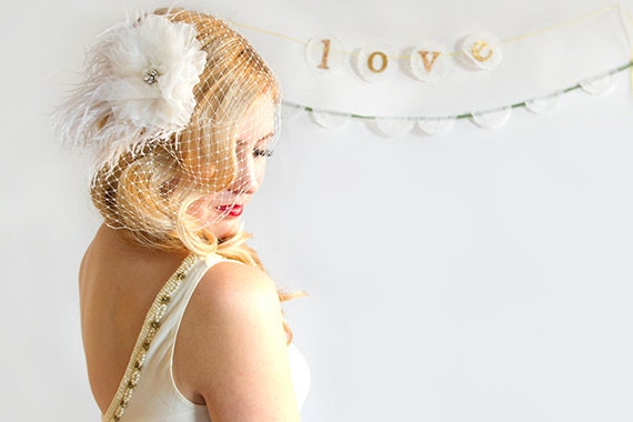 birdcage veil white feather and flower bridal hair piece bridal birdcage bridal flower bridal blusher