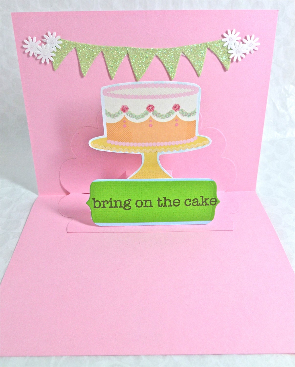 Pop Up Happy Birthday Card, Pink Birthday Cake Card, bunting and banners