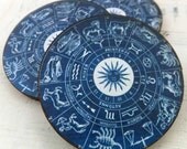 4 Brilliant BLUE ASTROLOGY WHEEL Wood Cuts - Vintage French Style