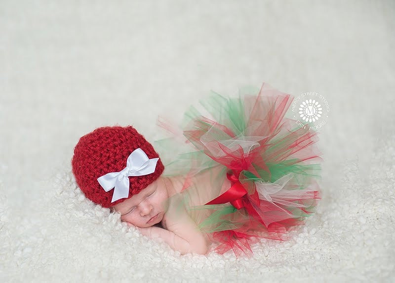 Christmas Newborn baby infant girl tutu crochet set hat outfit photography prop bow red green white