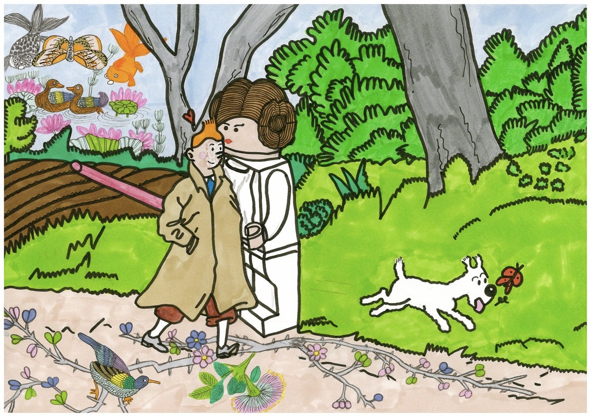 Original Marker Drawing of Lego Princess Leia and Tintin and snowy with Chinese porcelain details