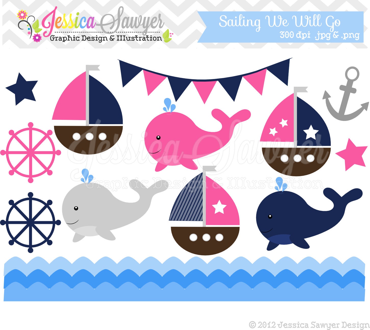 INSTANT DOWNLOAD baby girl sailing clip art, whale clipart, sail boat, nautical graphic, commercial use for invitations, announcements Il_170x135
