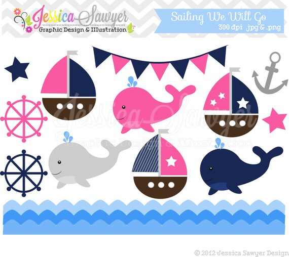 INSTANT DOWNLOAD, baby girl sailing clip art, whale clipart, sail boat, nautical graphic, commercial use for invitations, announcements Il_570xn