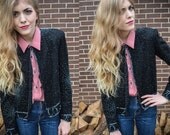 Vintage Black Silver Beaded Sequin Small Fitted Silk Jacket