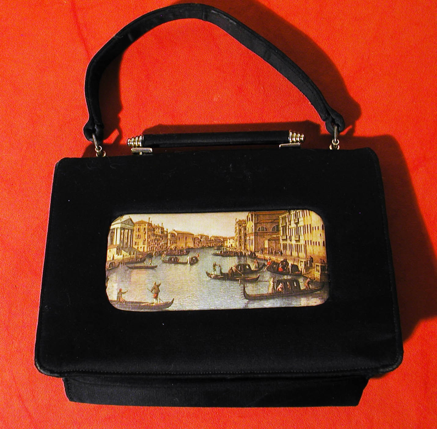 Vtg 40s, 50s VENICE Renaissance SCENE Little Black Purse with Art MODERN Accents