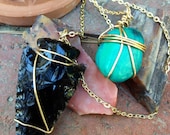Boho Hippie Festival Wear Black Obsidian Arrowhead and Green Stone Wire-wrapped Double Layer Necklace