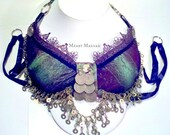 Iridescent tribal fusion belly dance OOAK bra, size 36-38 B - Ophia - snake skin look with coins and chain fringe. Belly dance costume.