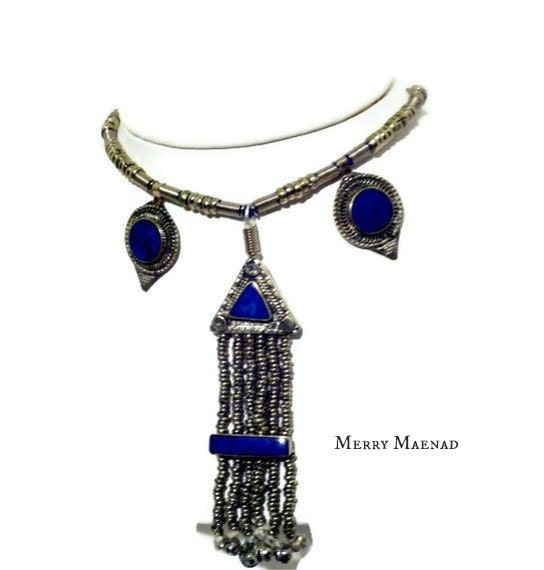 Kuchi inspired ethnic jewelry with lapis lazuli. OOAK Tribal Fusion Belly Dance Necklace.
