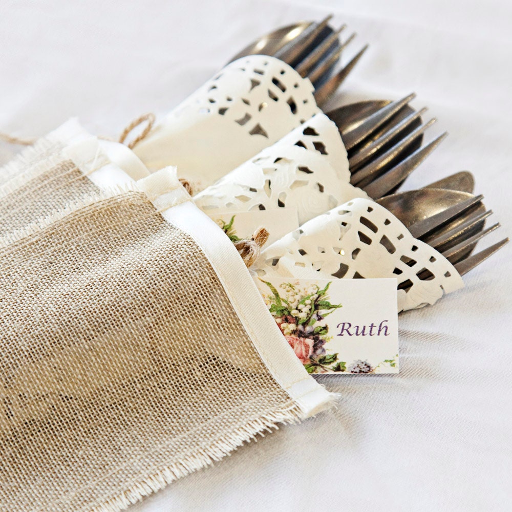 rustic cutlery holders, linen with ivory satin trim, silverware sleeves - set of 6