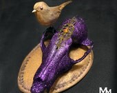 Glitter purple and gold metallic fascinator hair piece hat with faux fox skull replica and little bird by Mortiis.M