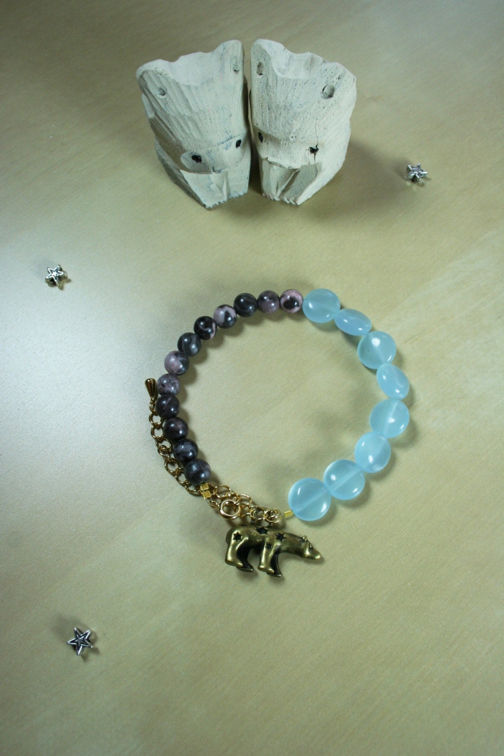 Opal quartz and pink jasper polar bear pendant bracelet