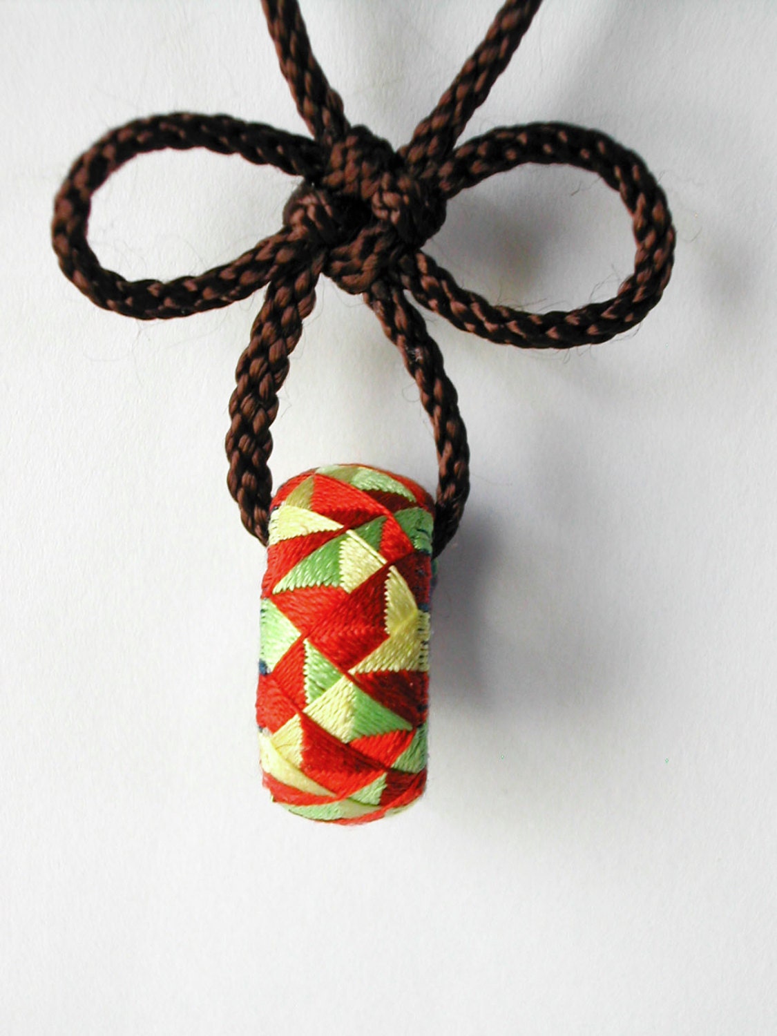 Japanese thimble charm necklace, red, green and yellow