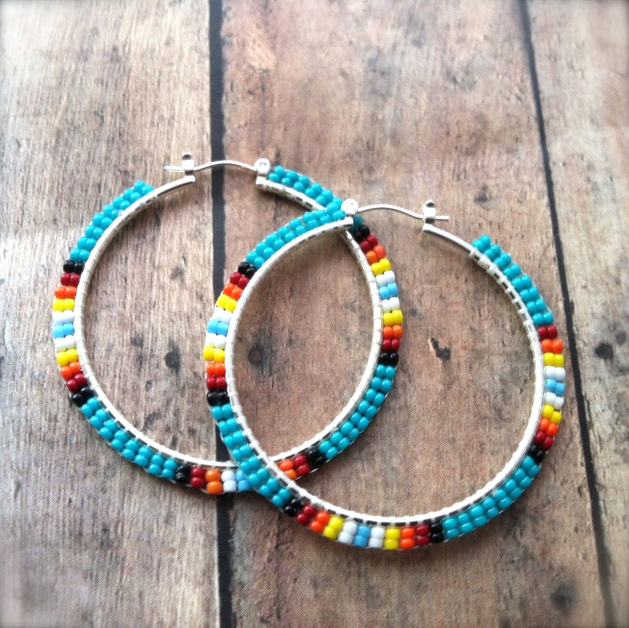 Turquoise Sunburst Beaded Hoop Earrings