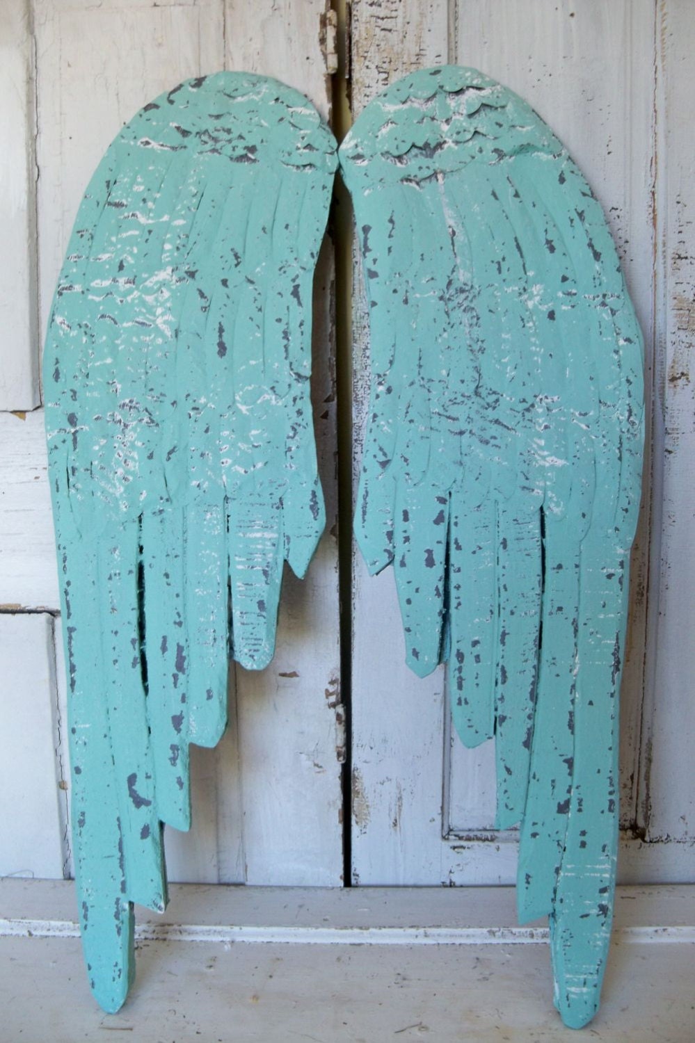 Large aquamarine blue wooden wings hand carved wall sculpture distressed home decor Anita Spero