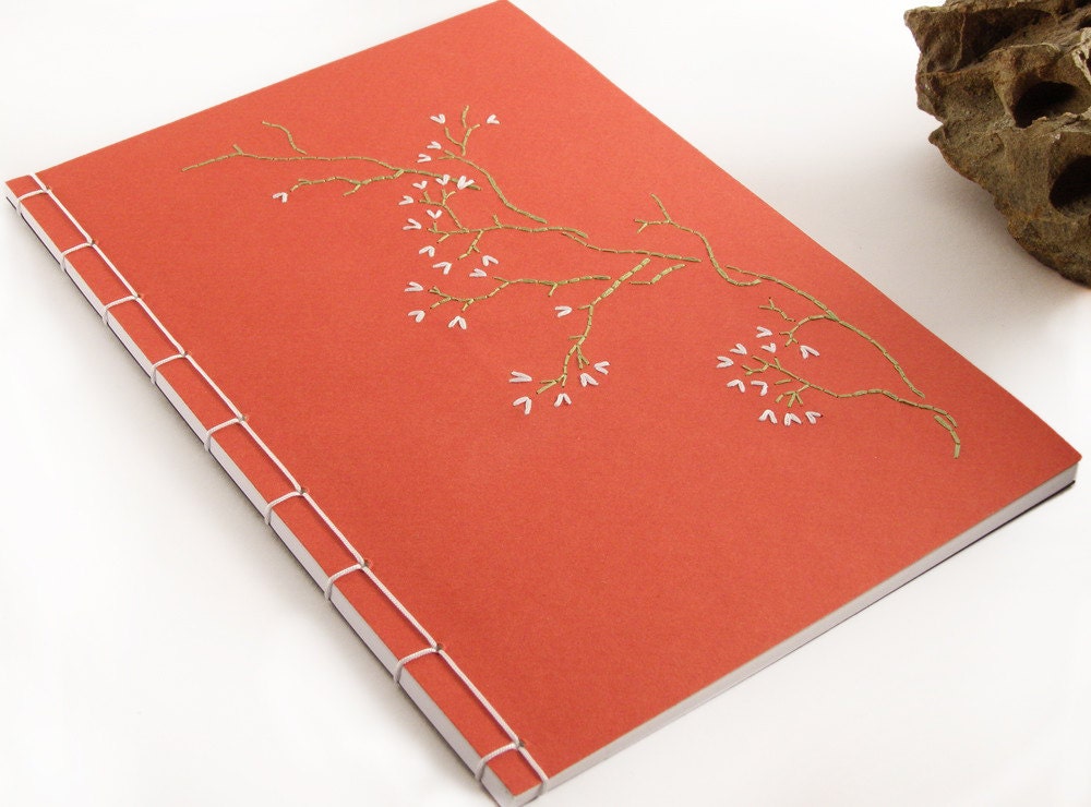 Embroidered A5 Notebook / Blooming Branch / Red / Japanese Flower Red Journal
