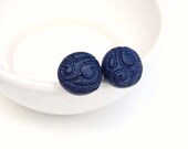 navy blue button stud earrings - polymer clay button earrings in tardis midnight dark blue surgical steel posts sensitive ears