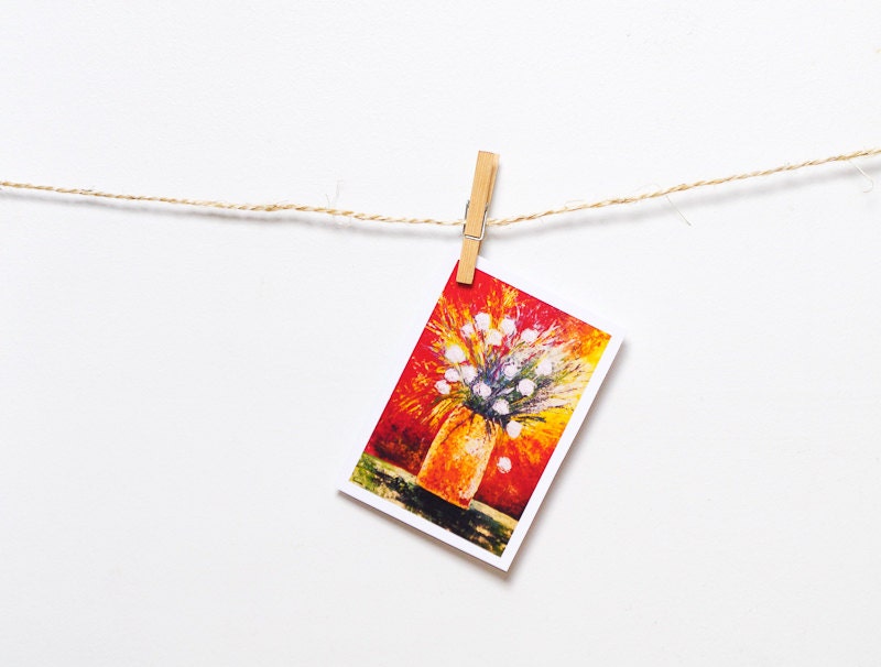 Greeting card with flowers / White roses / Red / Floral card / Original art