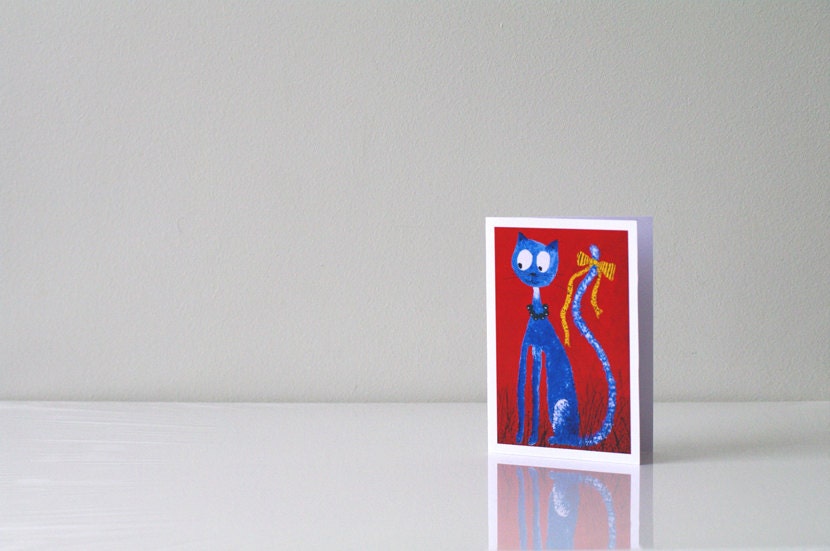 Funny Cat Greeting card / Blue kitty art / Red / Happy Birthday / Thank you card / Animal painting / Gift for children cat lover