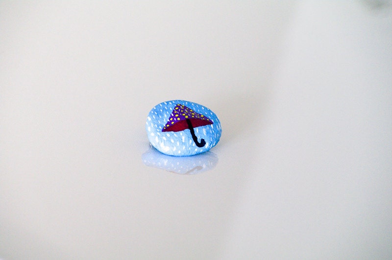 Handmade Brooch Rain Umbrella painting / Unique light blue pin / Nature original accessory/ Hand painted jewelry for woman children - AstaArtwork
