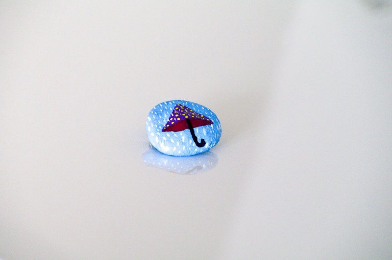 Handmade Brooch Rain Umbrella painting / Unique light blue pin / Nature original accessory/ Hand painted jewelry for woman children