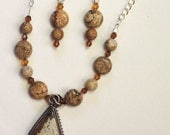 Natural Stone, Picture Jasper and Silver Beaded Necklace and Earrings