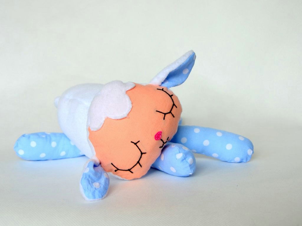 Stuffed animal, Lovely little lamb , light blue white dots. Sweet and soft toy.