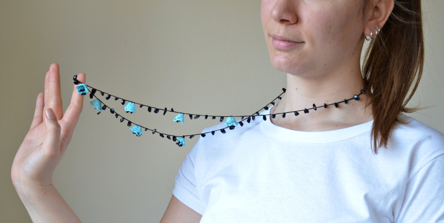 Crochet Necklace, Oya, Turquoise Flowers, Black Beaded, Natural Stones, Beadwork, Crochet Jewelry