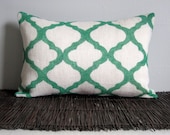 Emerald Green Moroccan Marrakech Lattice Stenciled Burlap Decorative Throw Pillow Burlap Lumbar- Custom Sizes