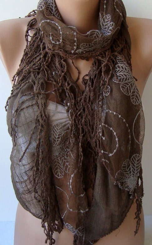 Brown - Georgeus scarf  Elegant scarf  Soft scarf  Cotton and lace