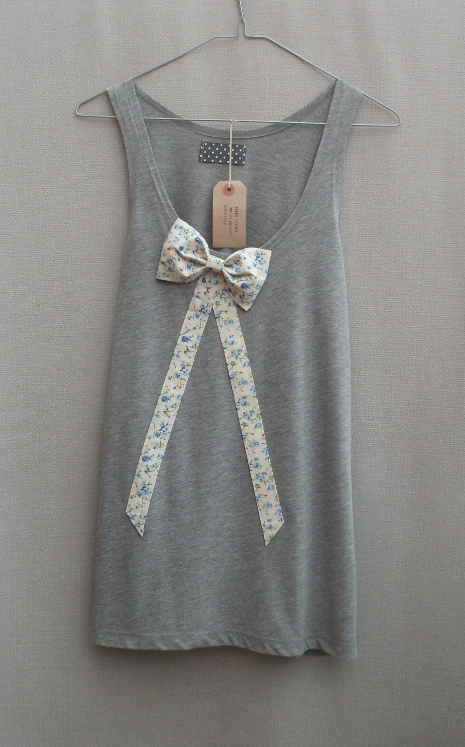 Women's Floral Bow Top Handmade Grey Organic Cotton Vest Tank Singlet Top