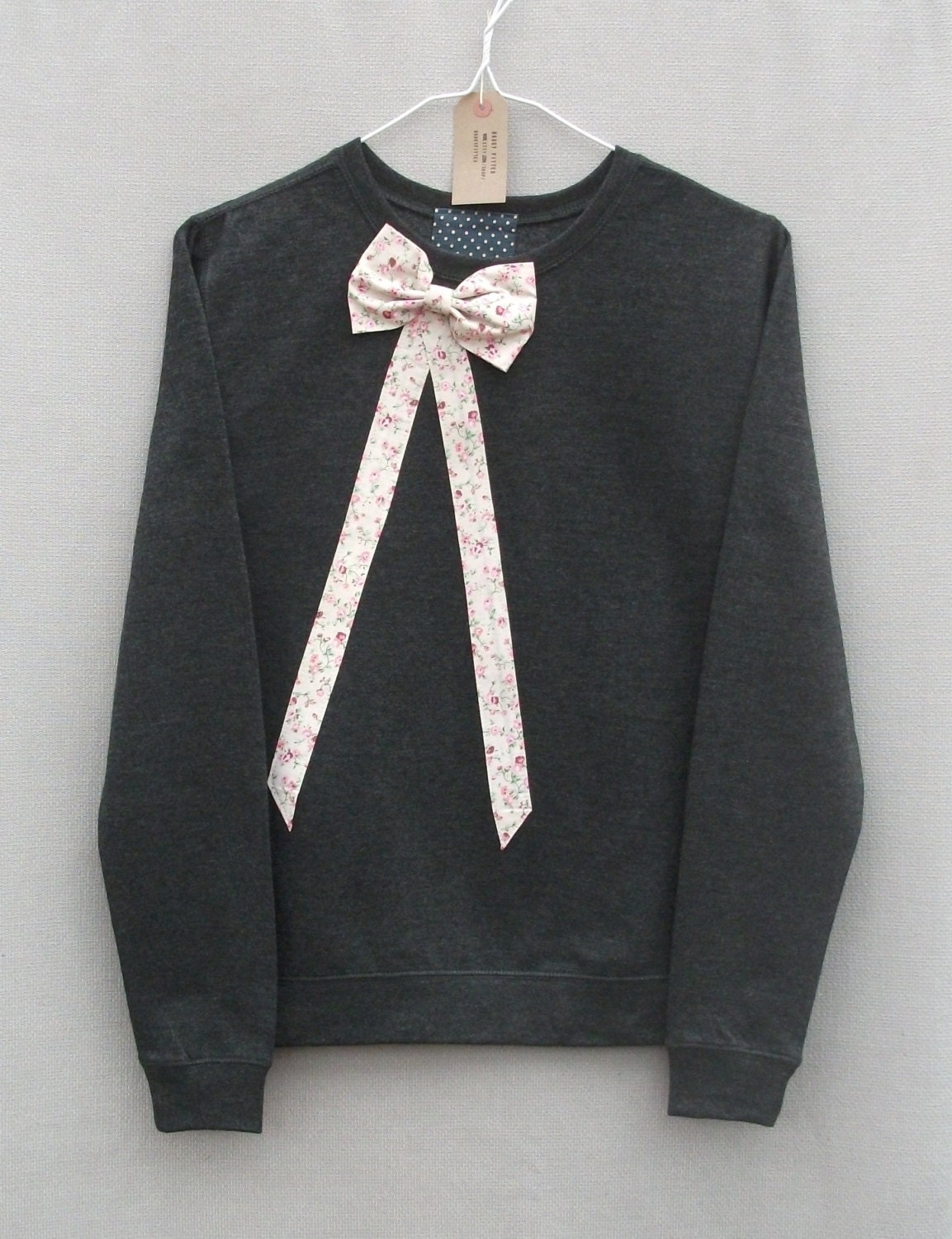 Floral Bow Jumper Women's Dark Grey Heather Lightweight Crew Neck Sweatshirt