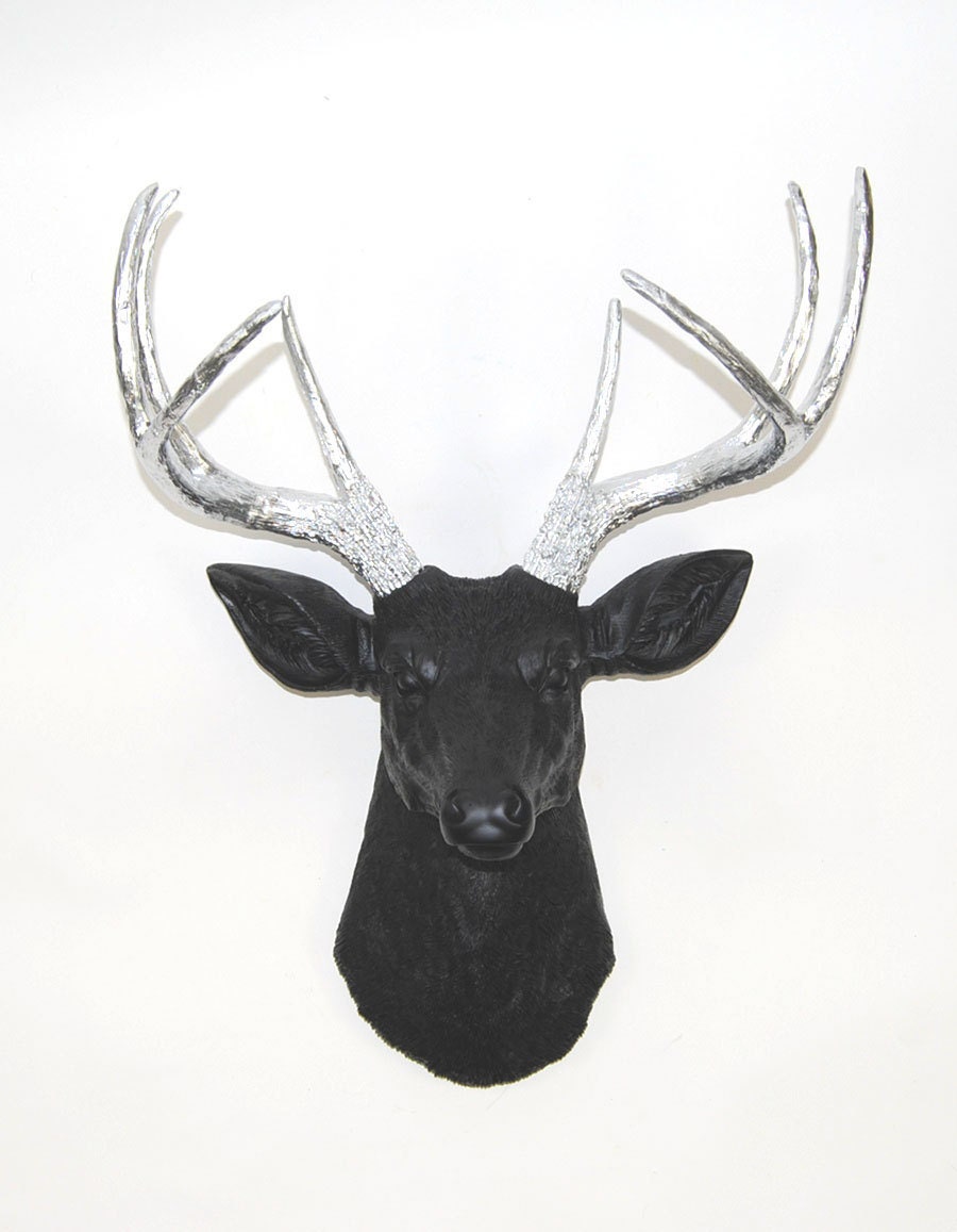 Faux Deer Head - The Sparro - Black w/Silver Antlers Resin Deer Head- Stag Resin White Faux Taxidermy- Chic & Trendy