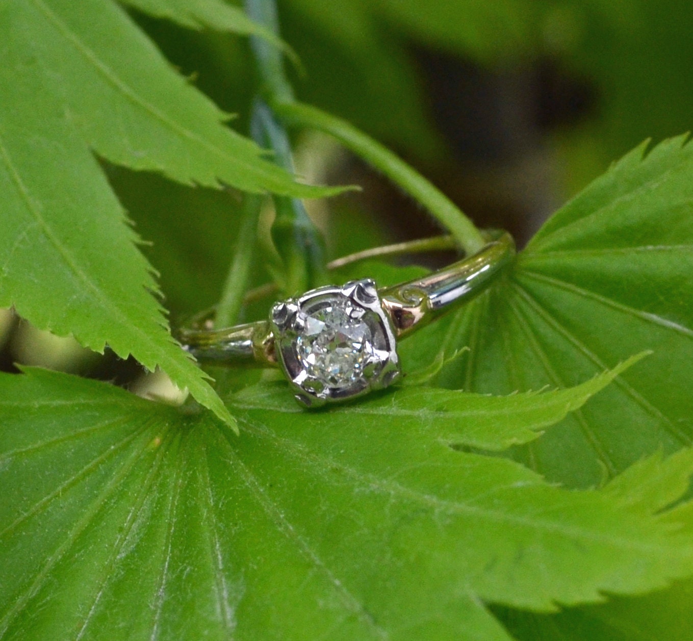 Antique Art Deco Ring - Vintage Diamond Edwardian Engagement Ring -18K White Gold and 14K Yellow Gold with .40ct Old Mine Cut Diamond