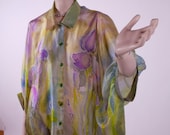 Violet iris green silk blouse hand painted batik  summer blouse. Woman blouse plus size clothing, Womens XL
