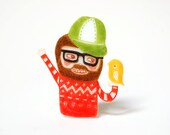 PETE - shrink plastic brooch, bearded man with bird