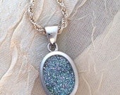 Sparkly Druzy Quartz Pendant Necklace Large Sterling Silver Blue Green Brazilian Drusy