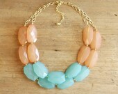 Turquoise and Peach Coral Colorblock Double Strand Statement Necklace - Bib Necklace
