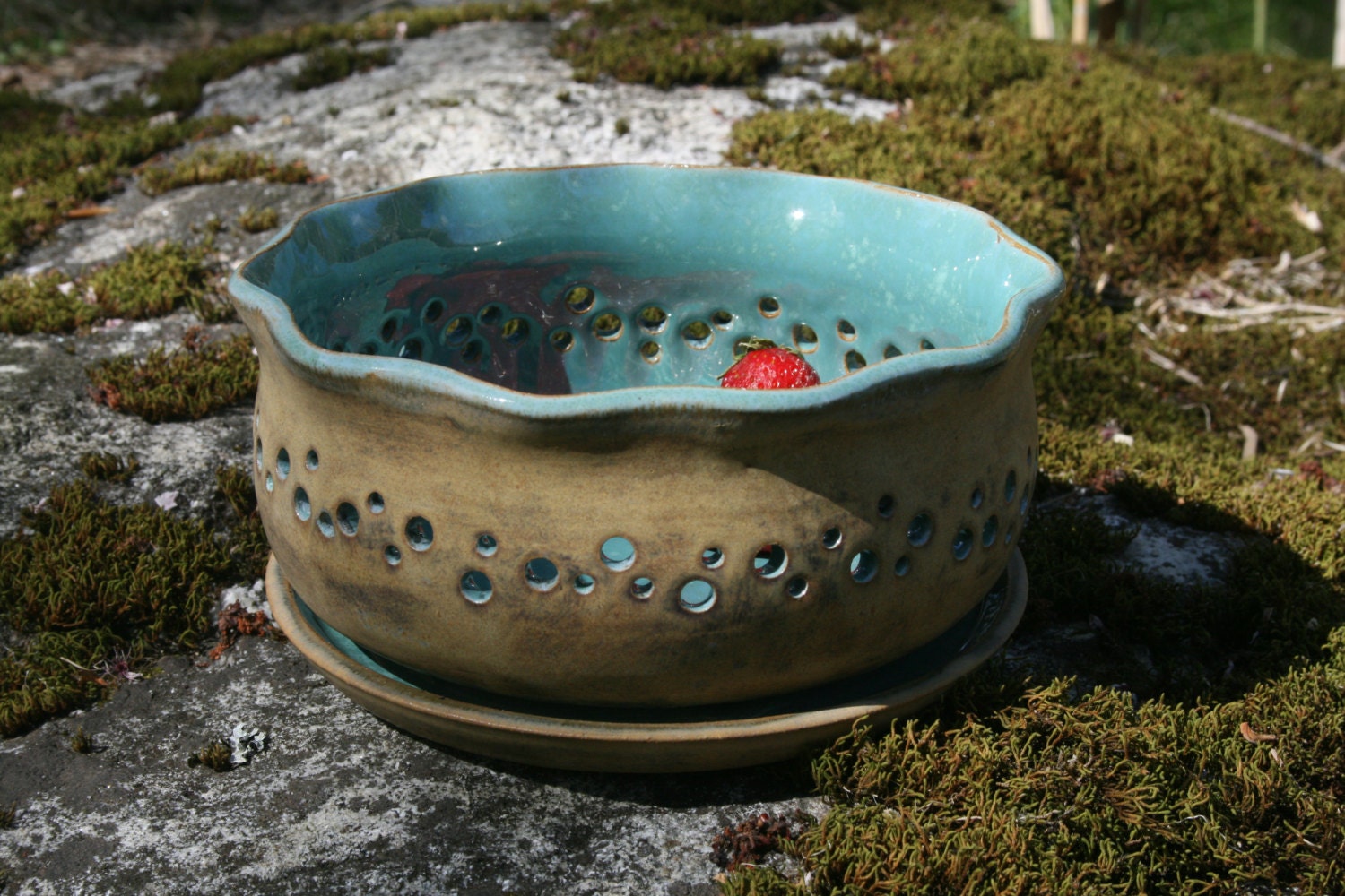 Berry Bowl Colander With Saucer, Stoneware Ceramic Pottery - Choose Colors