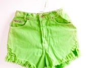 High Waist Denim Shorts - Neon Green - Frayed / Distressed Reworked Vintage 80's Jean shorts - Hollywood