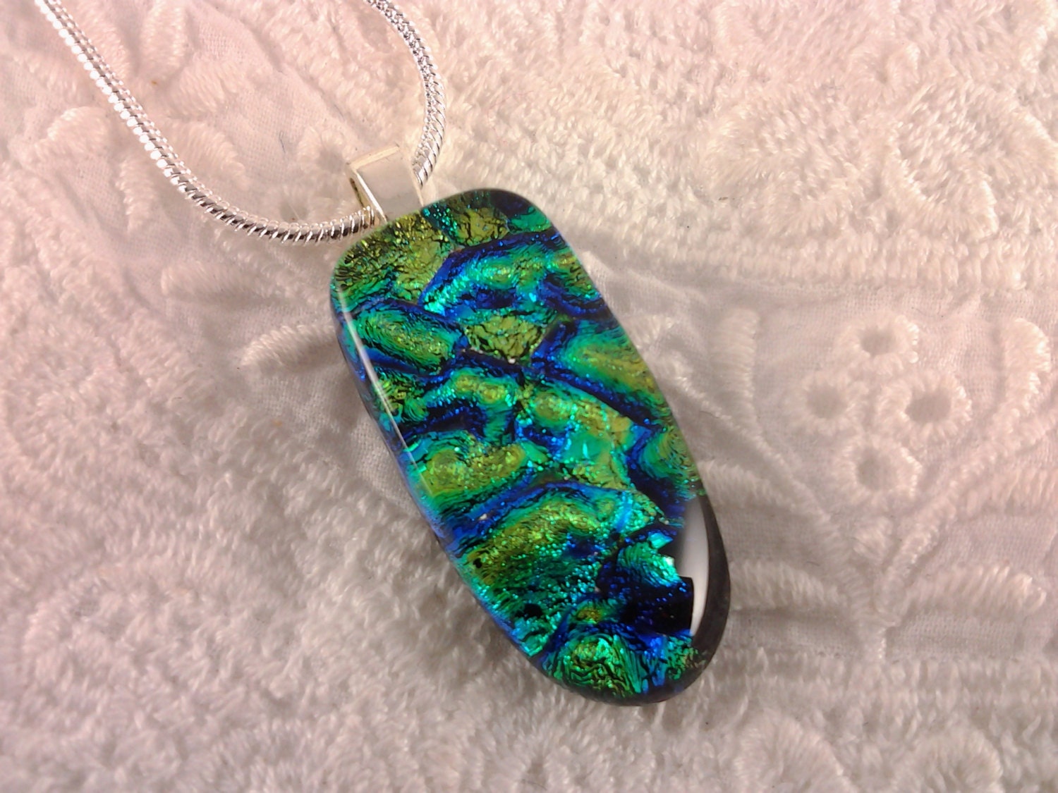Dichroic Glass Pendant, Fused Glass Jewelry, Green and Blue Petite Pendant