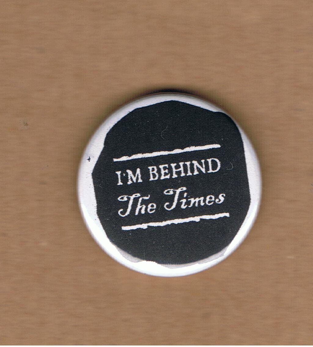 Behind the Times pinback button badge PLUS mini notecard - fairy tale newspaper