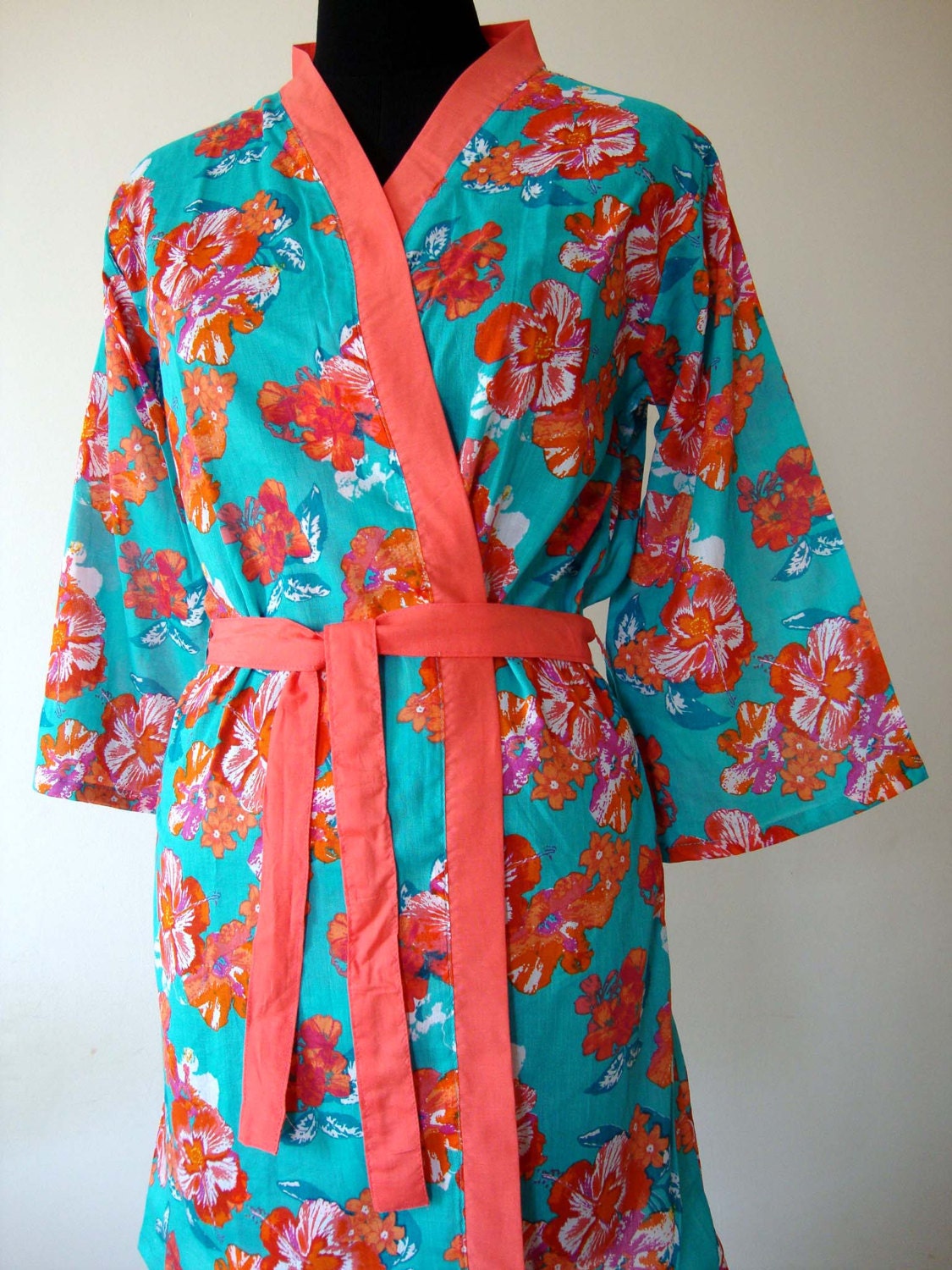 Turquoise Robe with Orange flowers, Wrap dress - Bridesmaids gift, getting ready robes, Bridal shower favors, baby shower