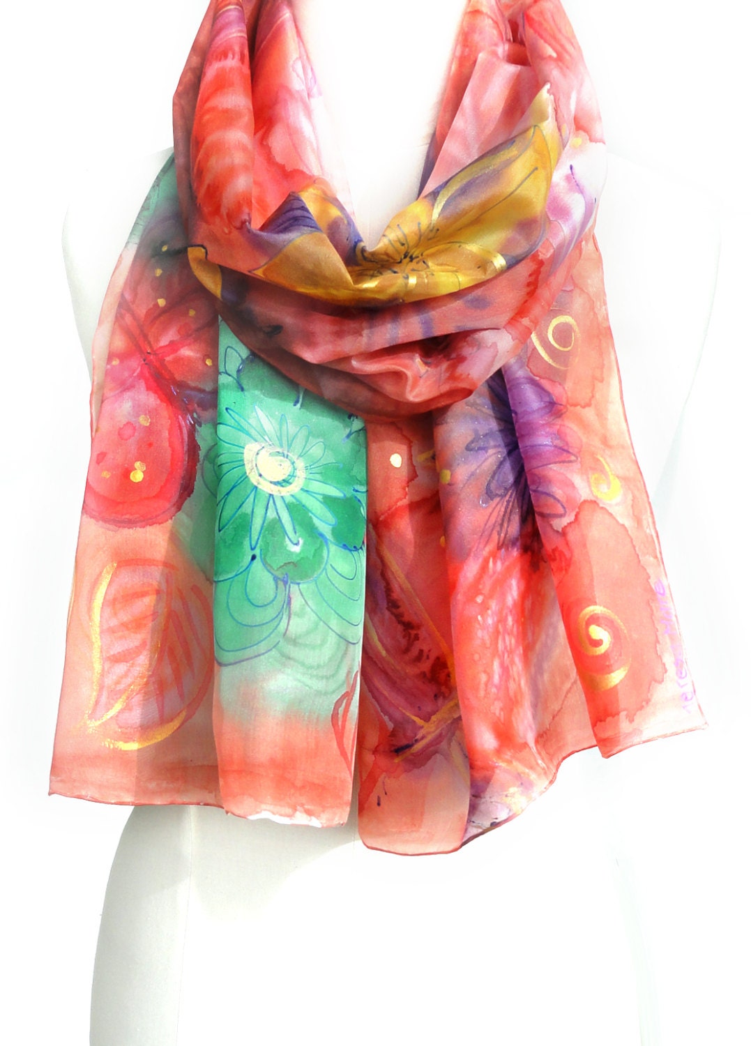 Coral Red Scarf. Hand Painted Silk Shawl. Echarpe Foulard. Multicolour Shawl for Dress. Gift for Her. 18x71 in. (45x180 cm). Ready2Ship.