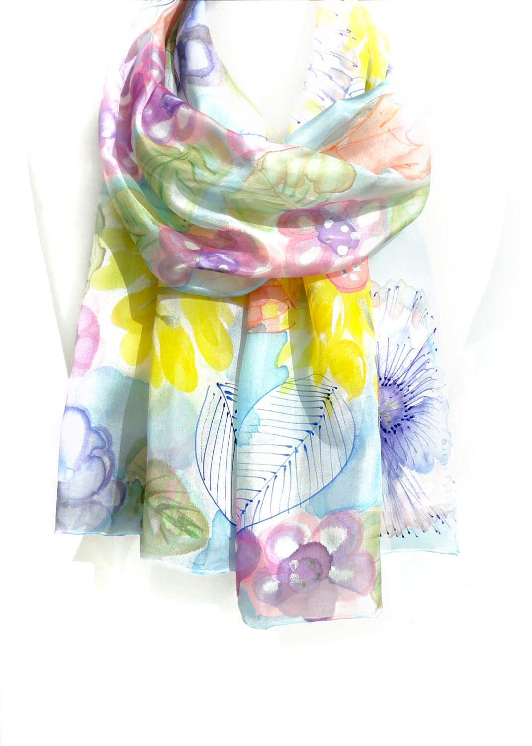 Whimsical Silk Scarf. Large Pastel Shawl. Hand Painted Women Scarf. Gift for Her. Shawl for Dress. 14x71in. (35x180cm). Ready2Ship.