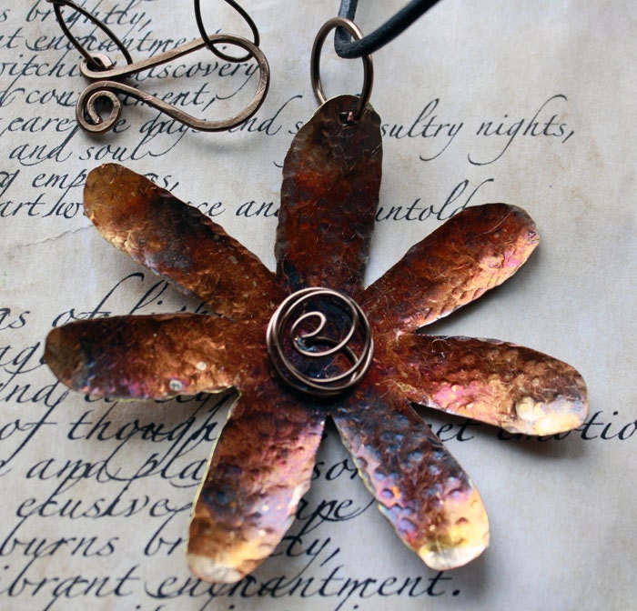 Flame Painted Copper Daisy Pendant