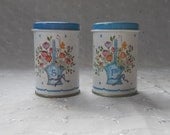 Vintage Tin Canister Salt and Pepper Shakers Blue floral baskets Aluminum