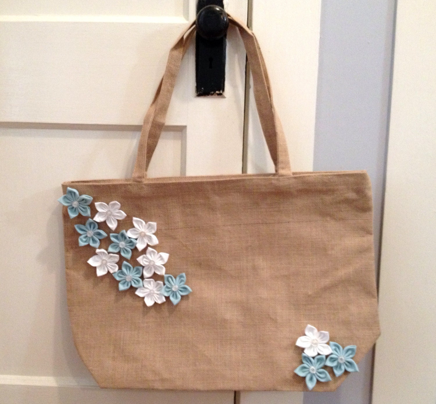Mint Green and Wedding White Flower Burlap / Jute Large Beach Bag Tote with Zipper