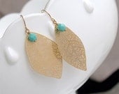 Turquoise and Gold Leaf Earring - Boho Earrings on Gold Filled Earwires - Large Leaf Earrings - Boho Gold Leaf Earrings - Nature Jewelry